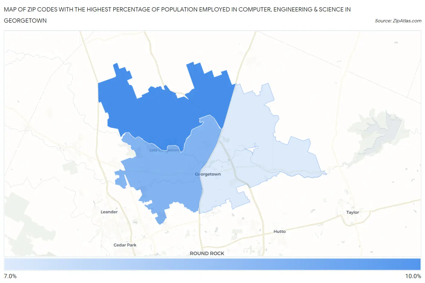 Zip Codes with the Highest Percentage of Population Employed in Computer, Engineering & Science in Georgetown Map