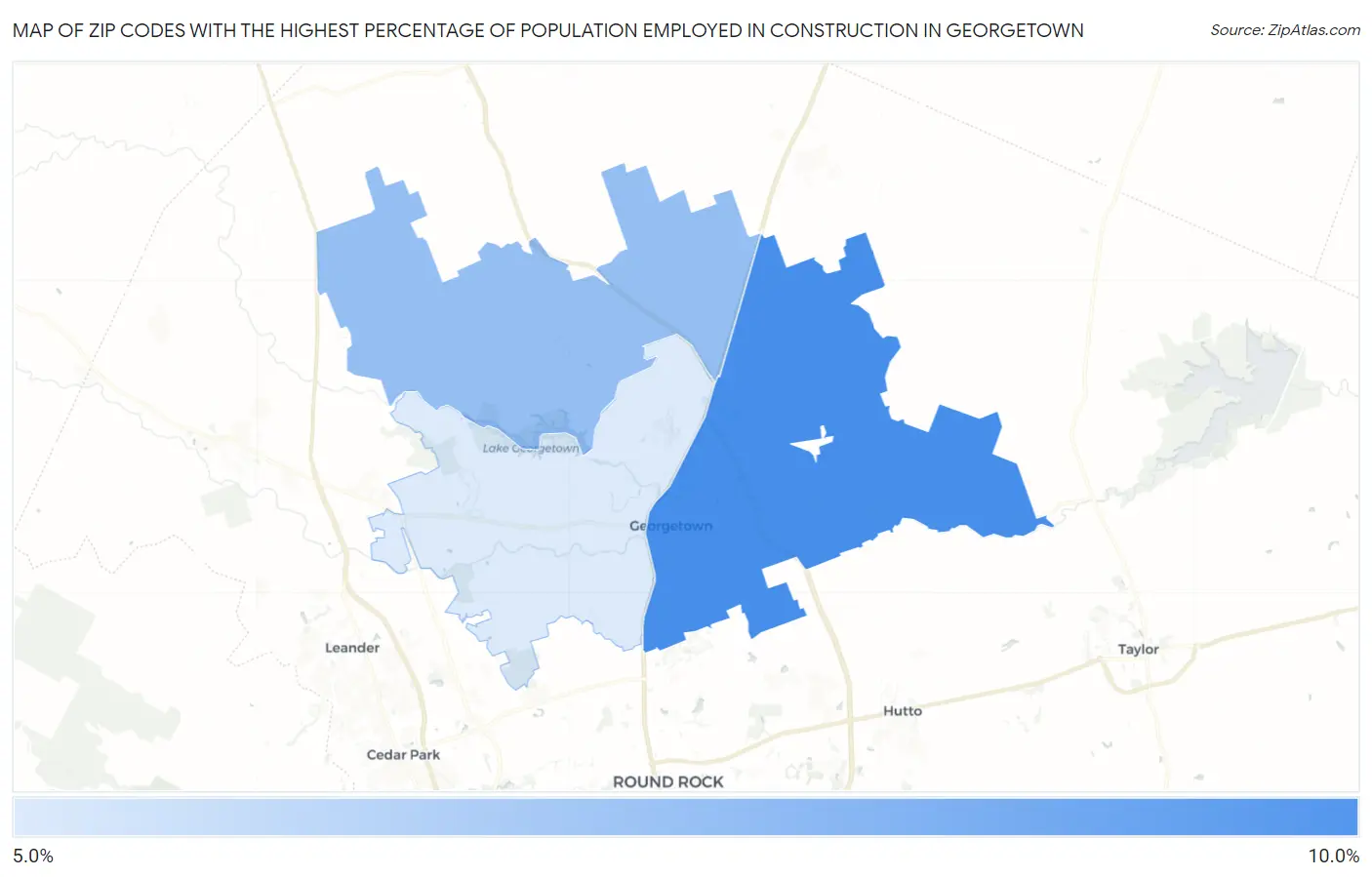 Zip Codes with the Highest Percentage of Population Employed in Construction in Georgetown Map