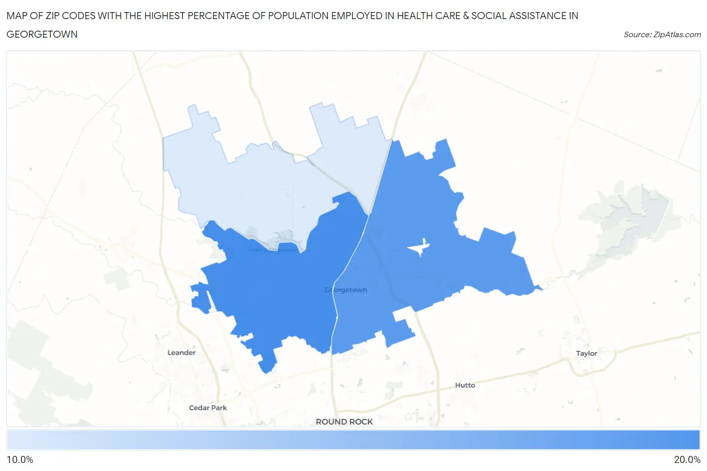 Zip Codes with the Highest Percentage of Population Employed in Health Care & Social Assistance in Georgetown Map