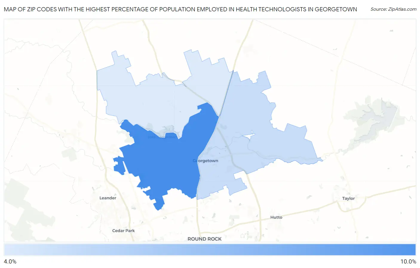 Zip Codes with the Highest Percentage of Population Employed in Health Technologists in Georgetown Map