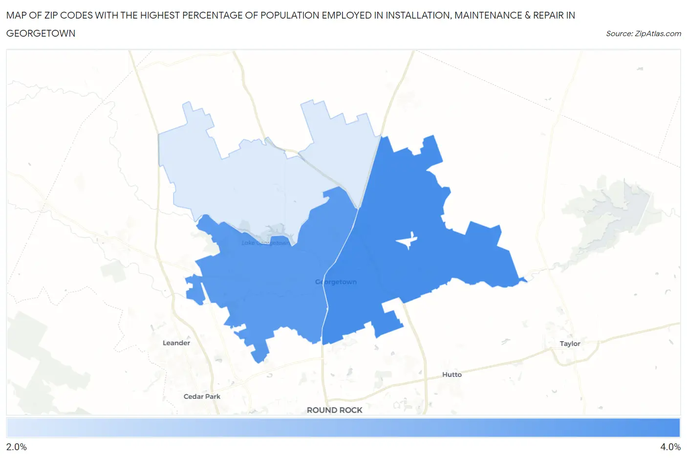 Zip Codes with the Highest Percentage of Population Employed in Installation, Maintenance & Repair in Georgetown Map