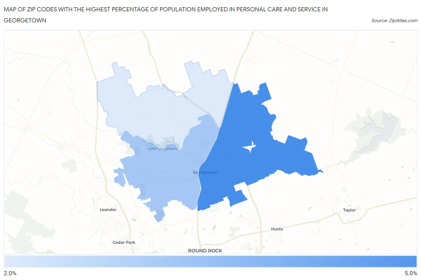 Zip Codes with the Highest Percentage of Population Employed in Personal Care and Service in Georgetown Map
