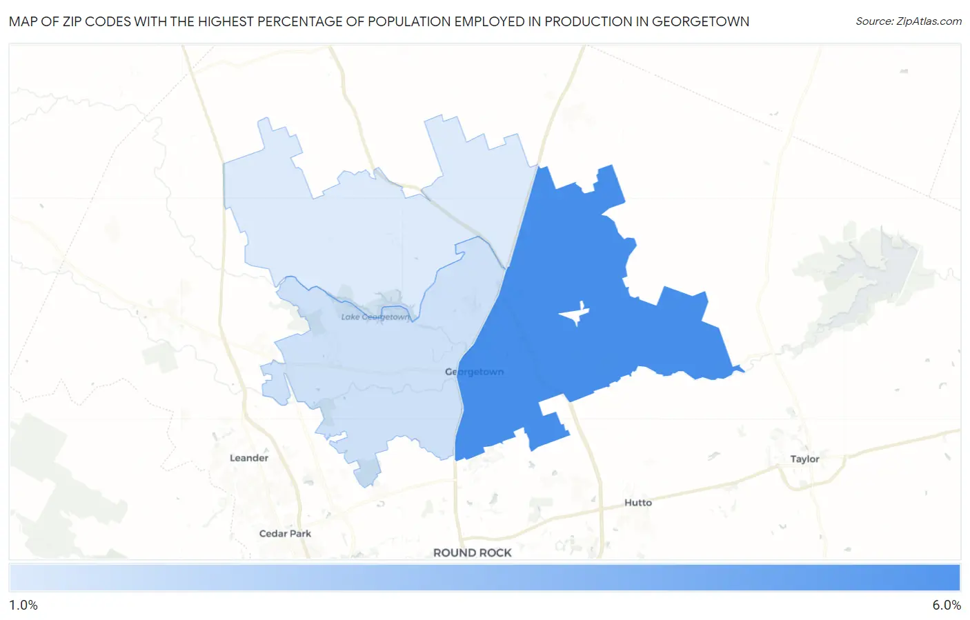 Zip Codes with the Highest Percentage of Population Employed in Production in Georgetown Map