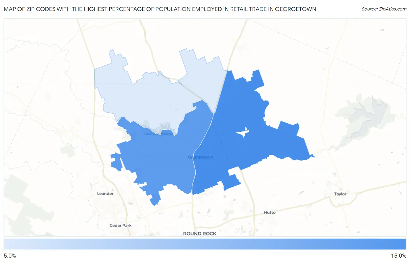 Zip Codes with the Highest Percentage of Population Employed in Retail Trade in Georgetown Map
