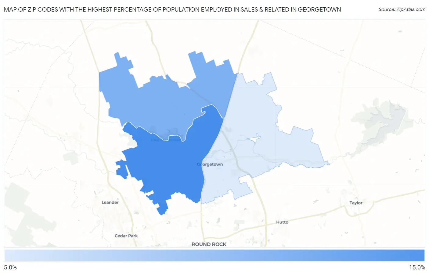 Zip Codes with the Highest Percentage of Population Employed in Sales & Related in Georgetown Map