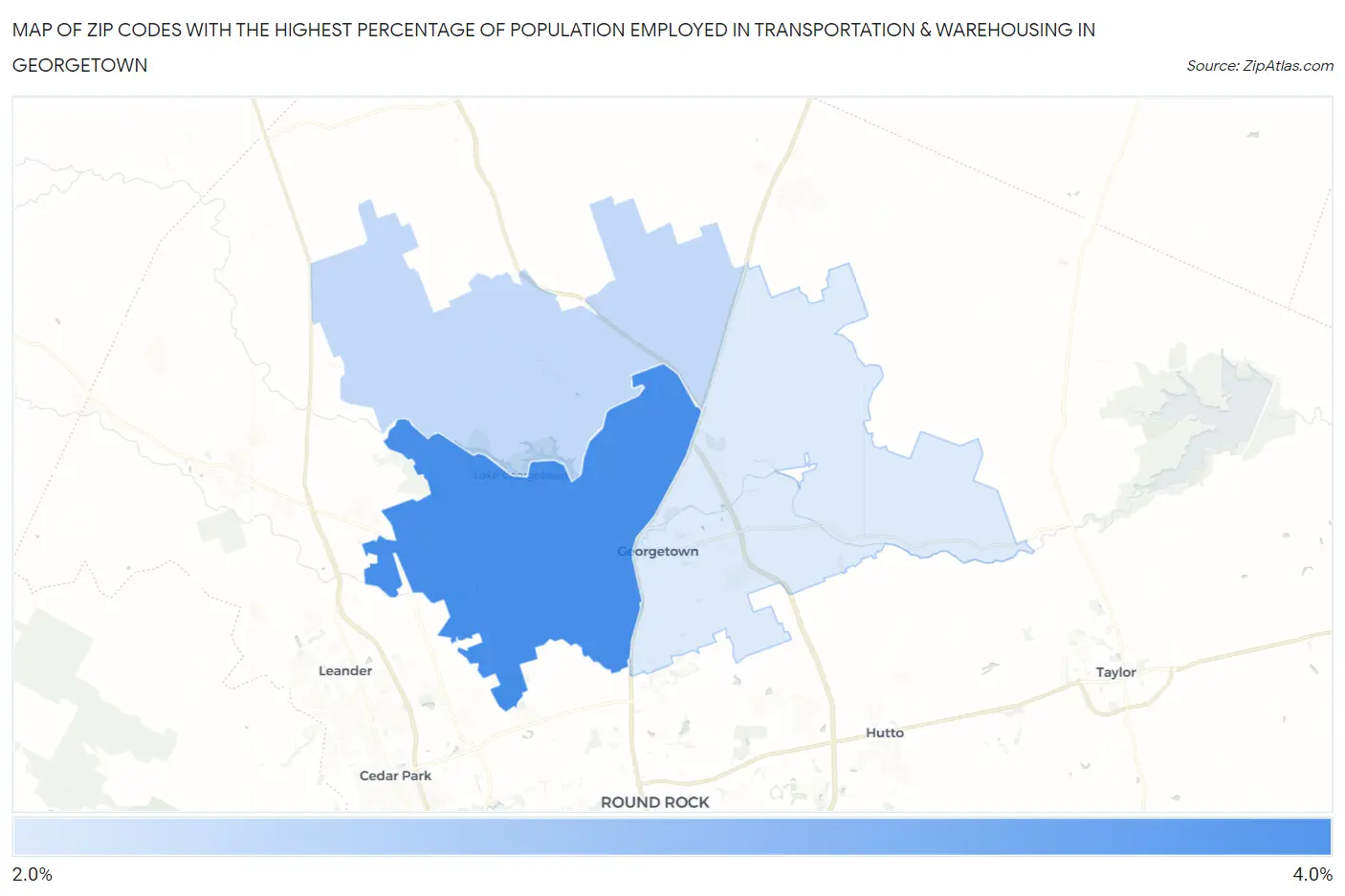 Zip Codes with the Highest Percentage of Population Employed in Transportation & Warehousing in Georgetown Map