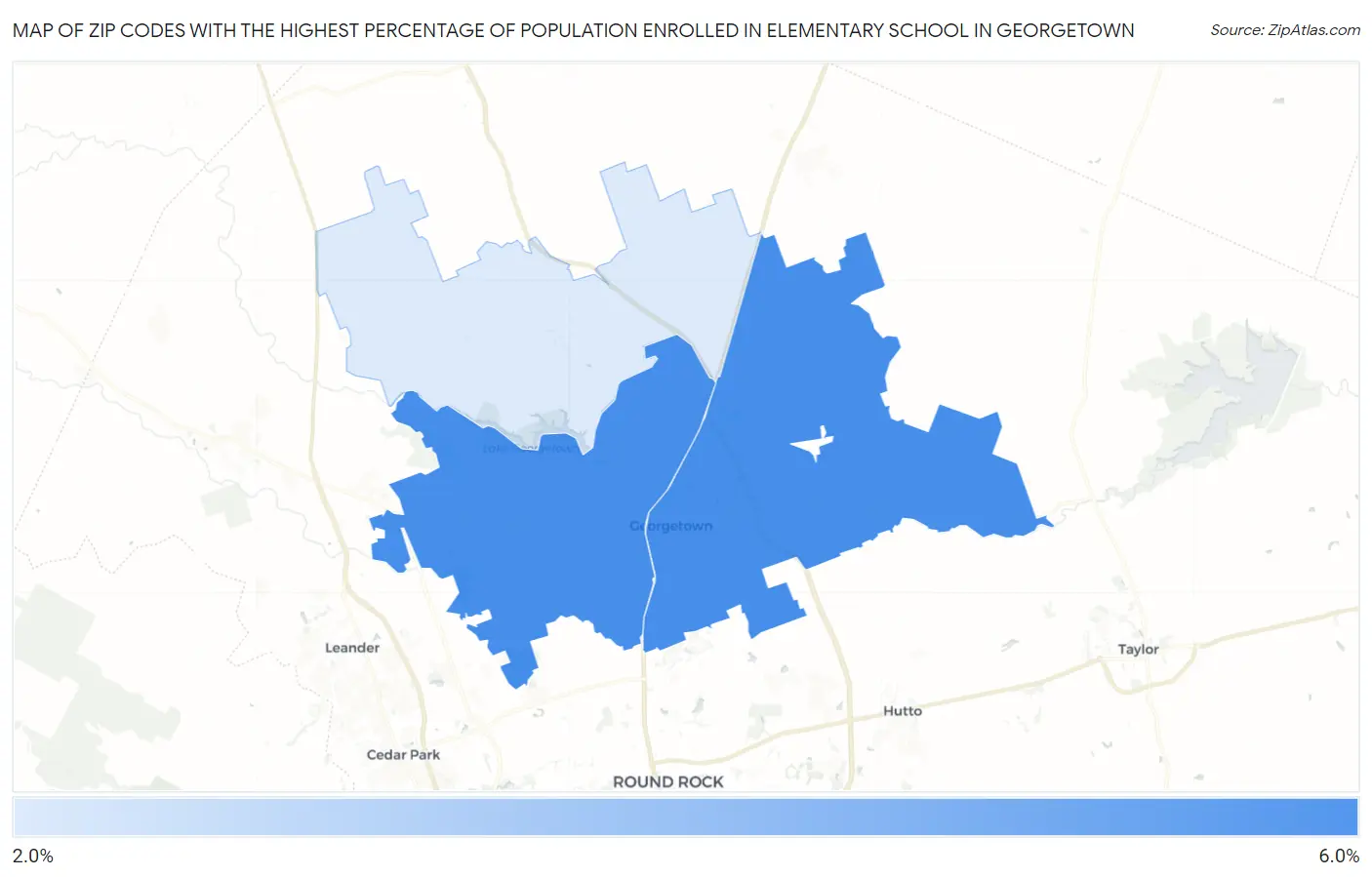 Zip Codes with the Highest Percentage of Population Enrolled in Elementary School in Georgetown Map