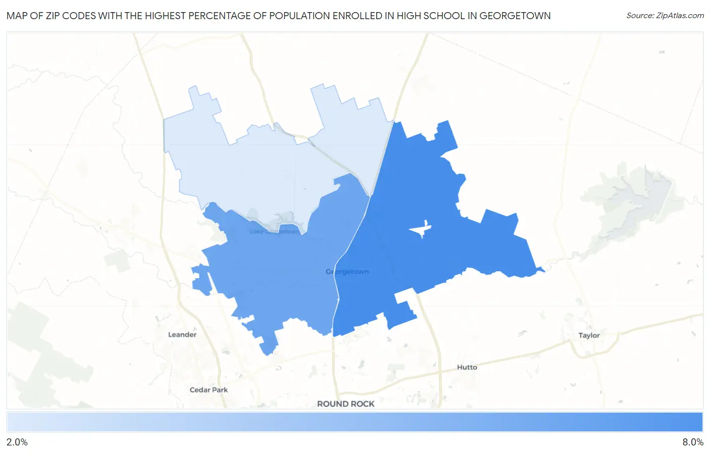 Zip Codes with the Highest Percentage of Population Enrolled in High School in Georgetown Map