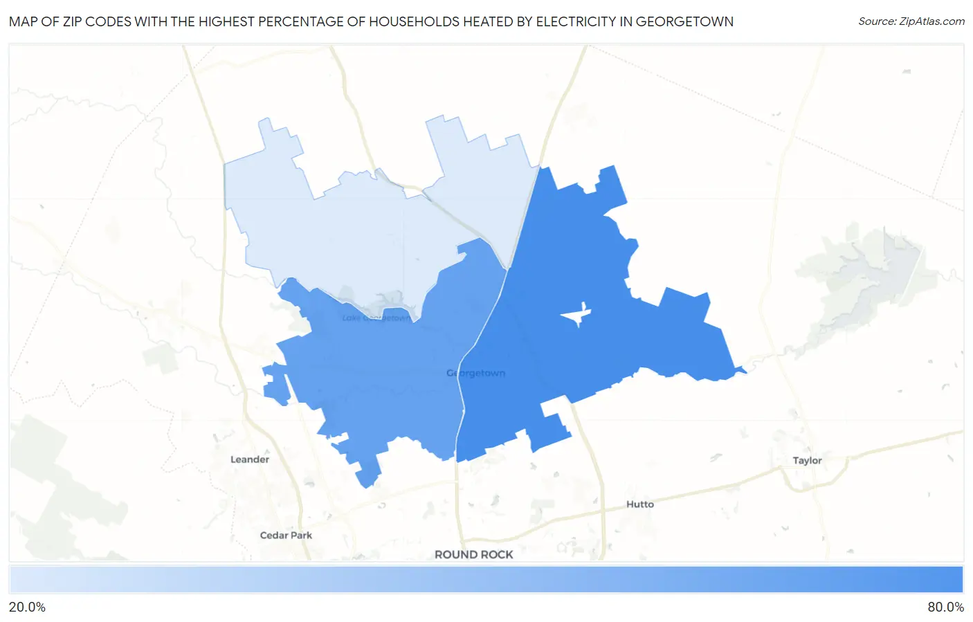 Zip Codes with the Highest Percentage of Households Heated by Electricity in Georgetown Map