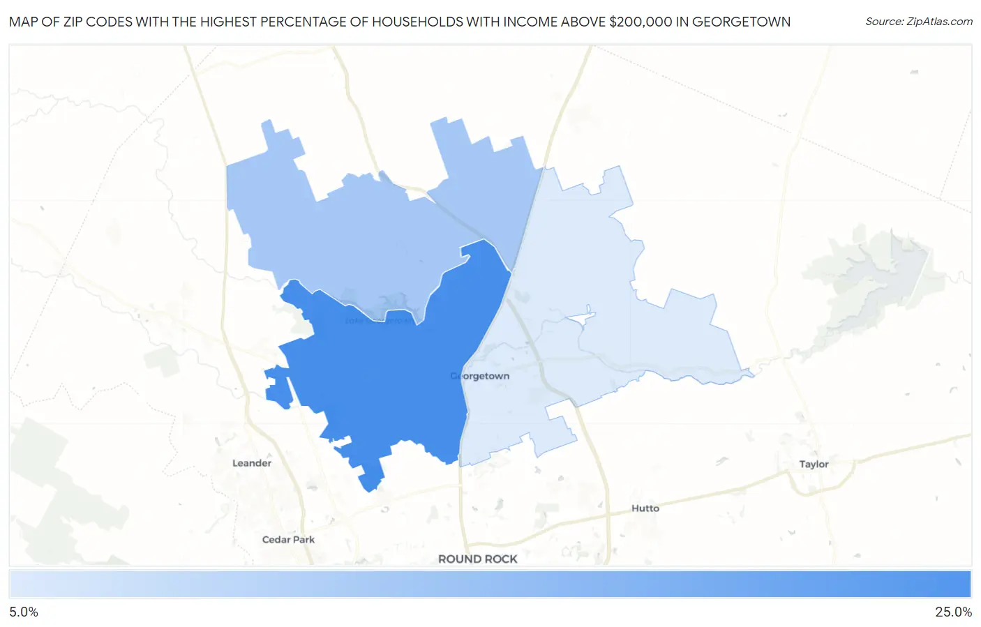 Zip Codes with the Highest Percentage of Households with Income Above $200,000 in Georgetown Map
