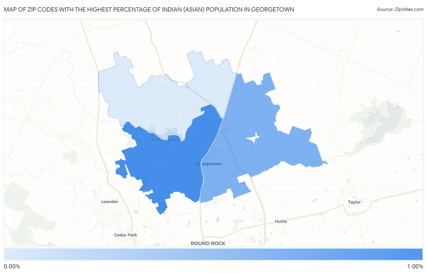 Zip Codes with the Highest Percentage of Indian (Asian) Population in Georgetown Map