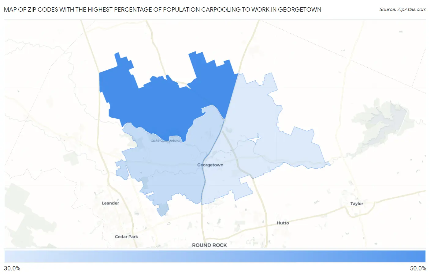 Zip Codes with the Highest Percentage of Population Carpooling to Work in Georgetown Map