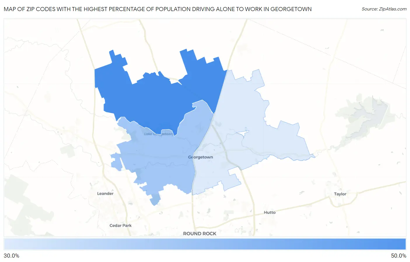 Zip Codes with the Highest Percentage of Population Driving Alone to Work in Georgetown Map