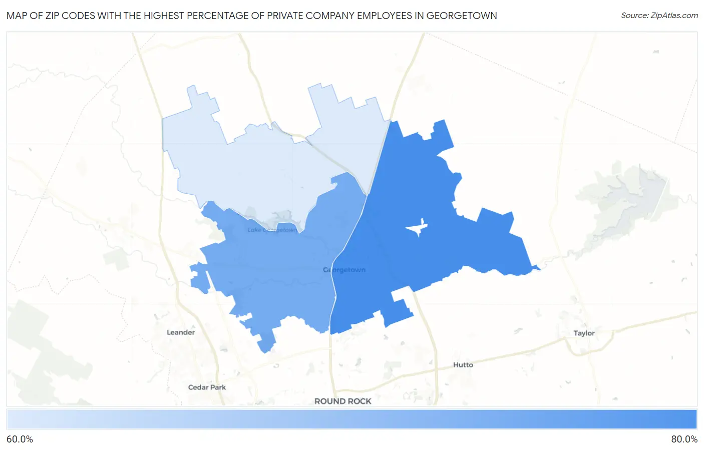 Zip Codes with the Highest Percentage of Private Company Employees in Georgetown Map