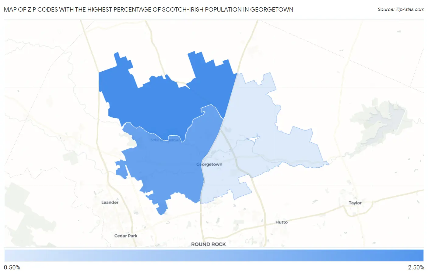 Zip Codes with the Highest Percentage of Scotch-Irish Population in Georgetown Map