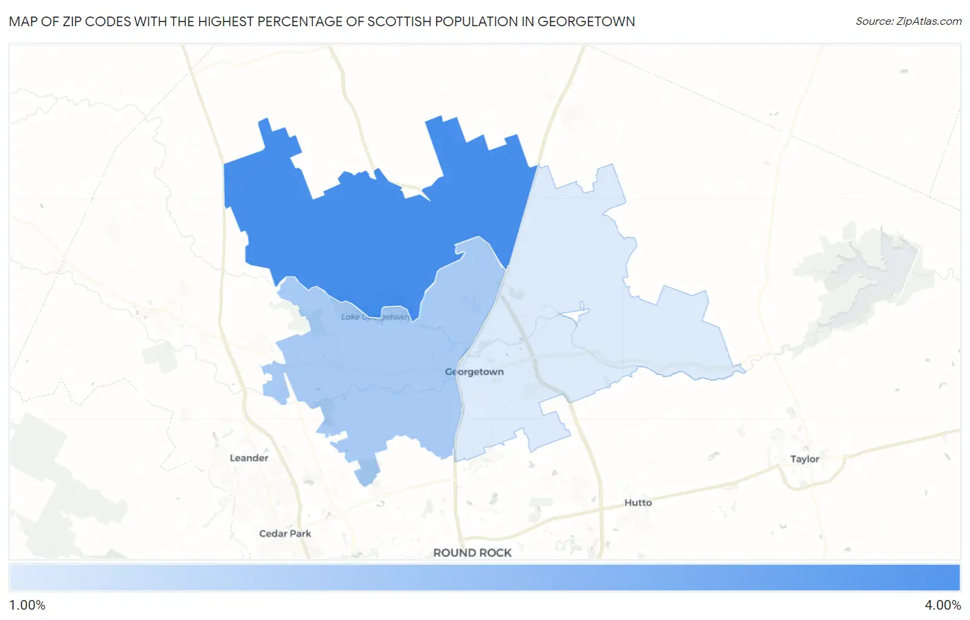 Zip Codes with the Highest Percentage of Scottish Population in Georgetown Map
