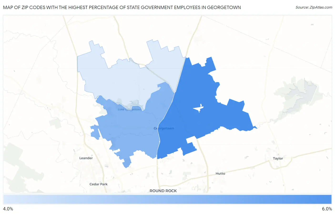 Zip Codes with the Highest Percentage of State Government Employees in Georgetown Map