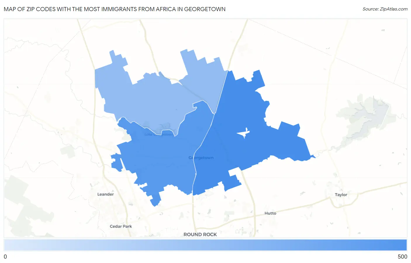 Zip Codes with the Most Immigrants from Africa in Georgetown Map