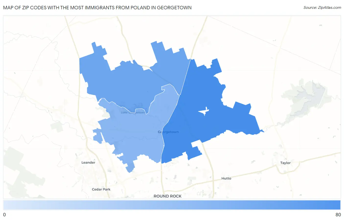Zip Codes with the Most Immigrants from Poland in Georgetown Map