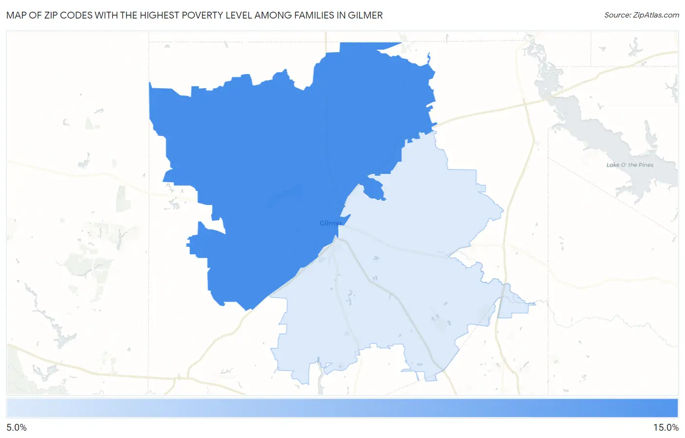 Zip Codes with the Highest Poverty Level Among Families in Gilmer Map