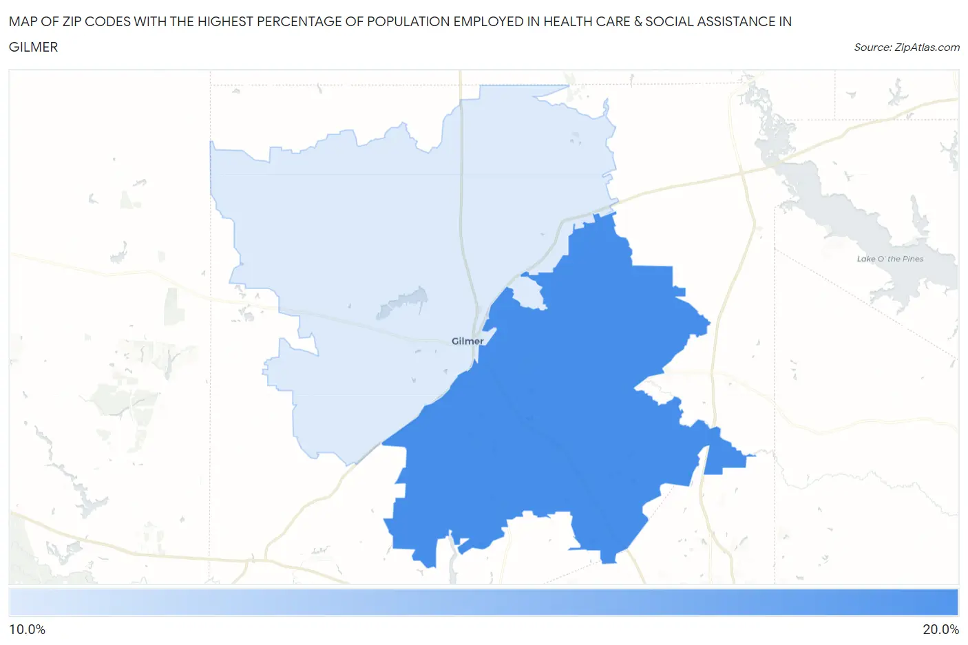 Zip Codes with the Highest Percentage of Population Employed in Health Care & Social Assistance in Gilmer Map
