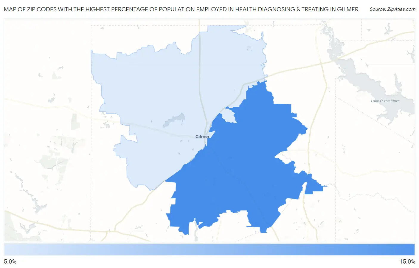 Zip Codes with the Highest Percentage of Population Employed in Health Diagnosing & Treating in Gilmer Map
