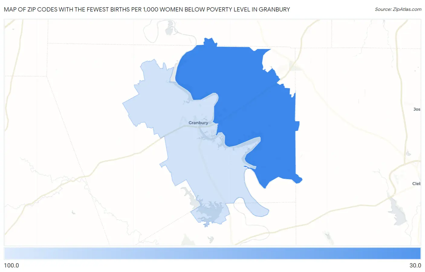 Zip Codes with the Fewest Births per 1,000 Women Below Poverty Level in Granbury Map