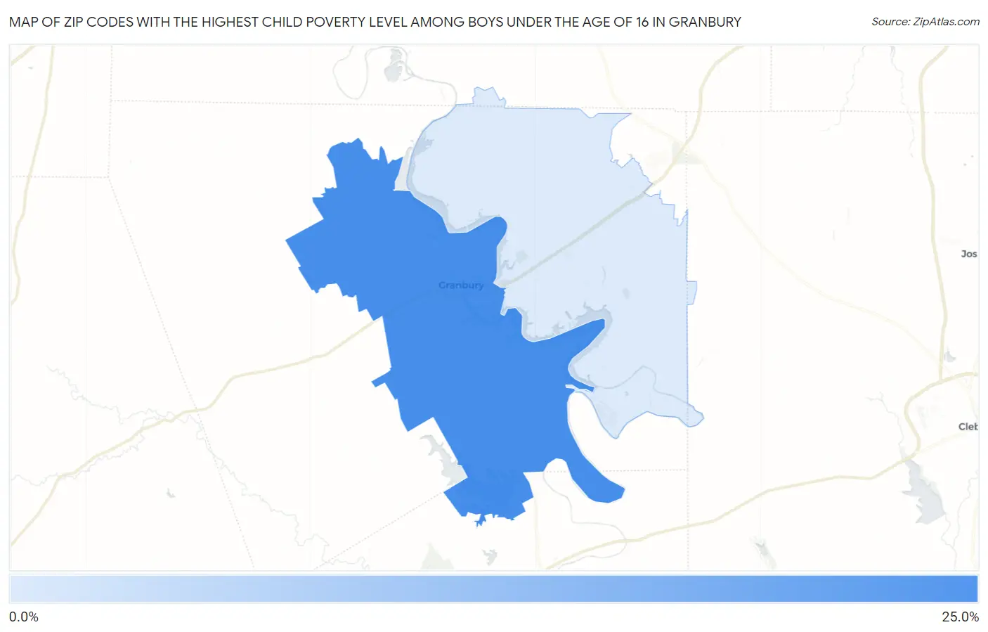 Zip Codes with the Highest Child Poverty Level Among Boys Under the Age of 16 in Granbury Map