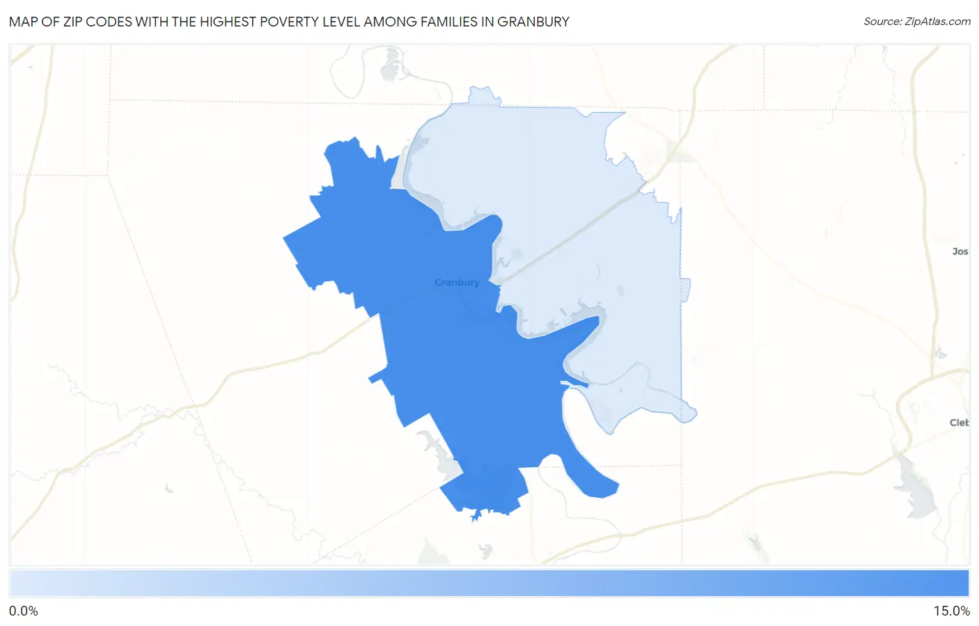 Zip Codes with the Highest Poverty Level Among Families in Granbury Map