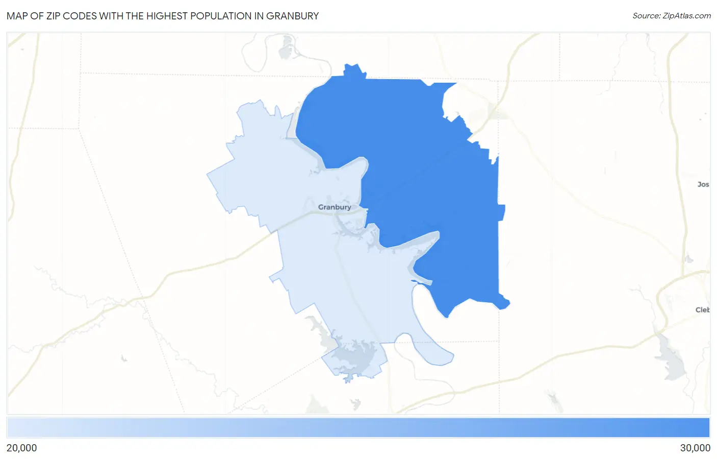 Zip Codes with the Highest Population in Granbury Map
