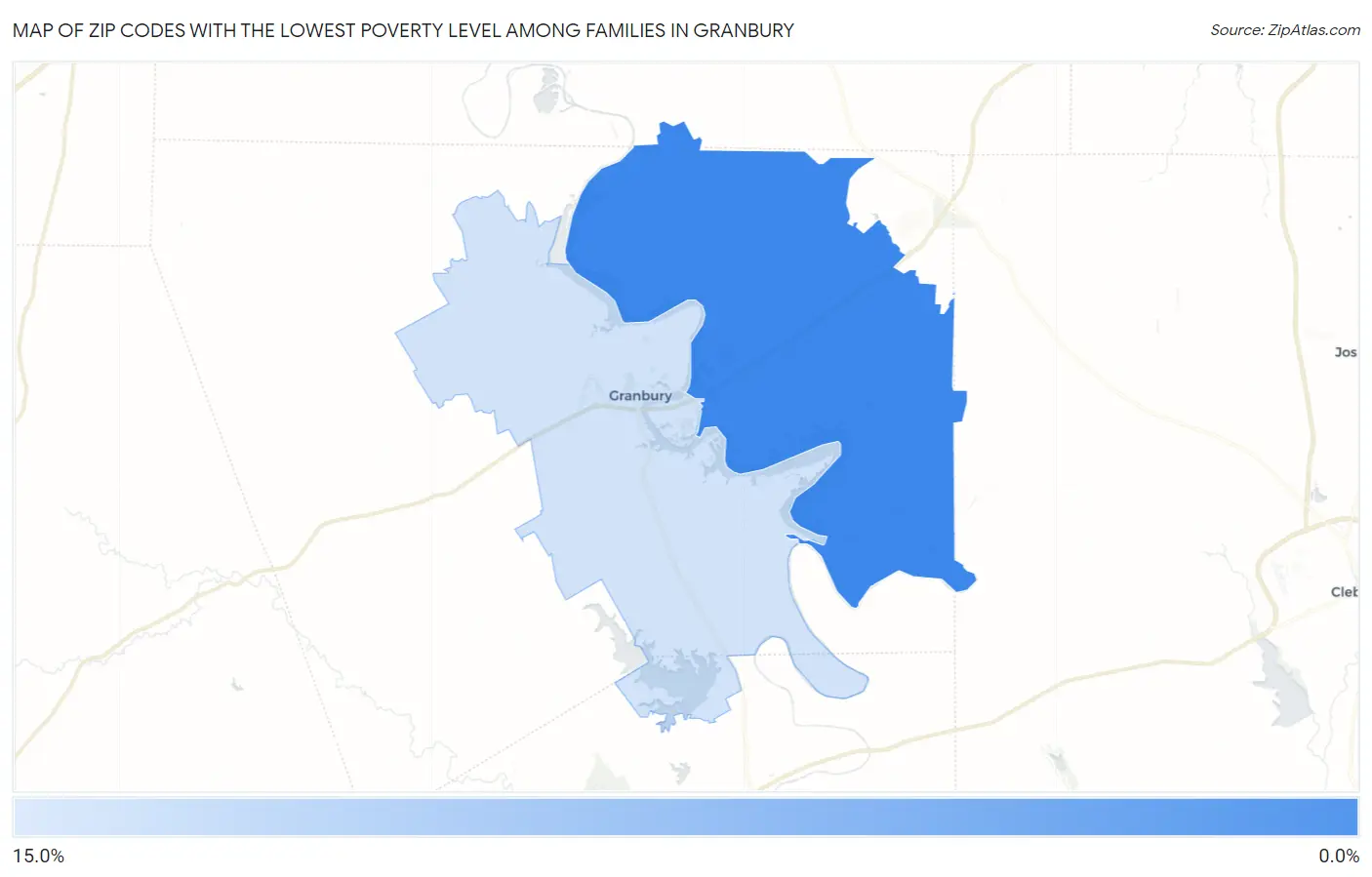 Zip Codes with the Lowest Poverty Level Among Families in Granbury Map