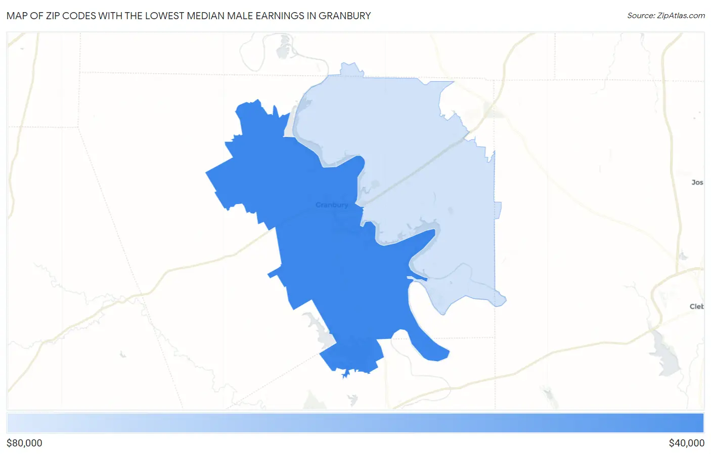 Zip Codes with the Lowest Median Male Earnings in Granbury Map