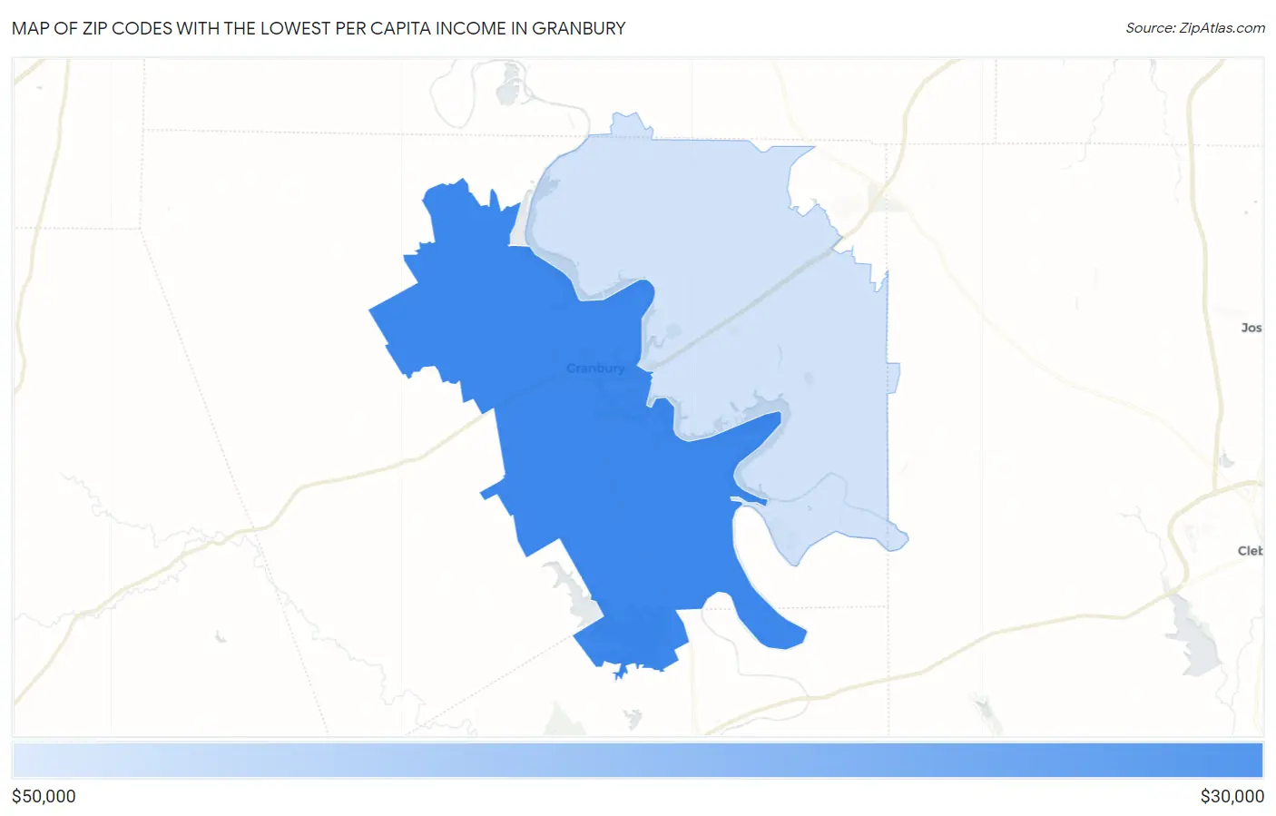 Zip Codes with the Lowest Per Capita Income in Granbury Map