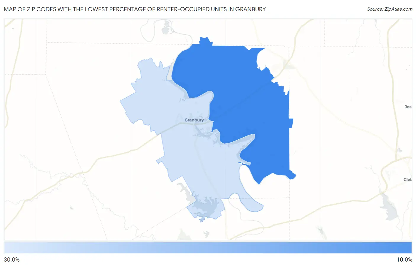 Zip Codes with the Lowest Percentage of Renter-Occupied Units in Granbury Map