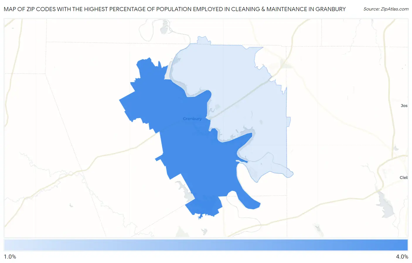 Zip Codes with the Highest Percentage of Population Employed in Cleaning & Maintenance in Granbury Map