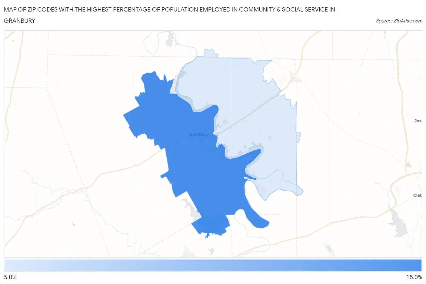 Zip Codes with the Highest Percentage of Population Employed in Community & Social Service  in Granbury Map