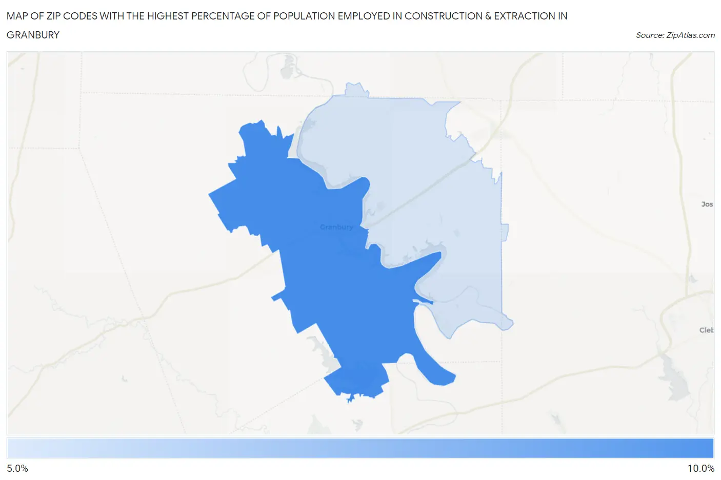 Zip Codes with the Highest Percentage of Population Employed in Construction & Extraction in Granbury Map