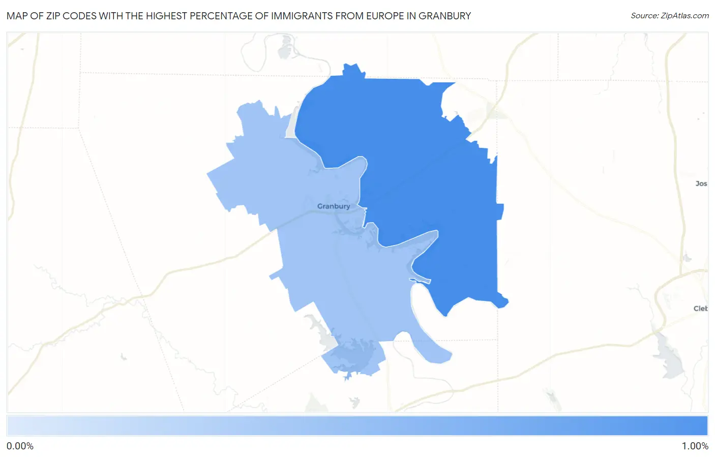 Zip Codes with the Highest Percentage of Immigrants from Europe in Granbury Map
