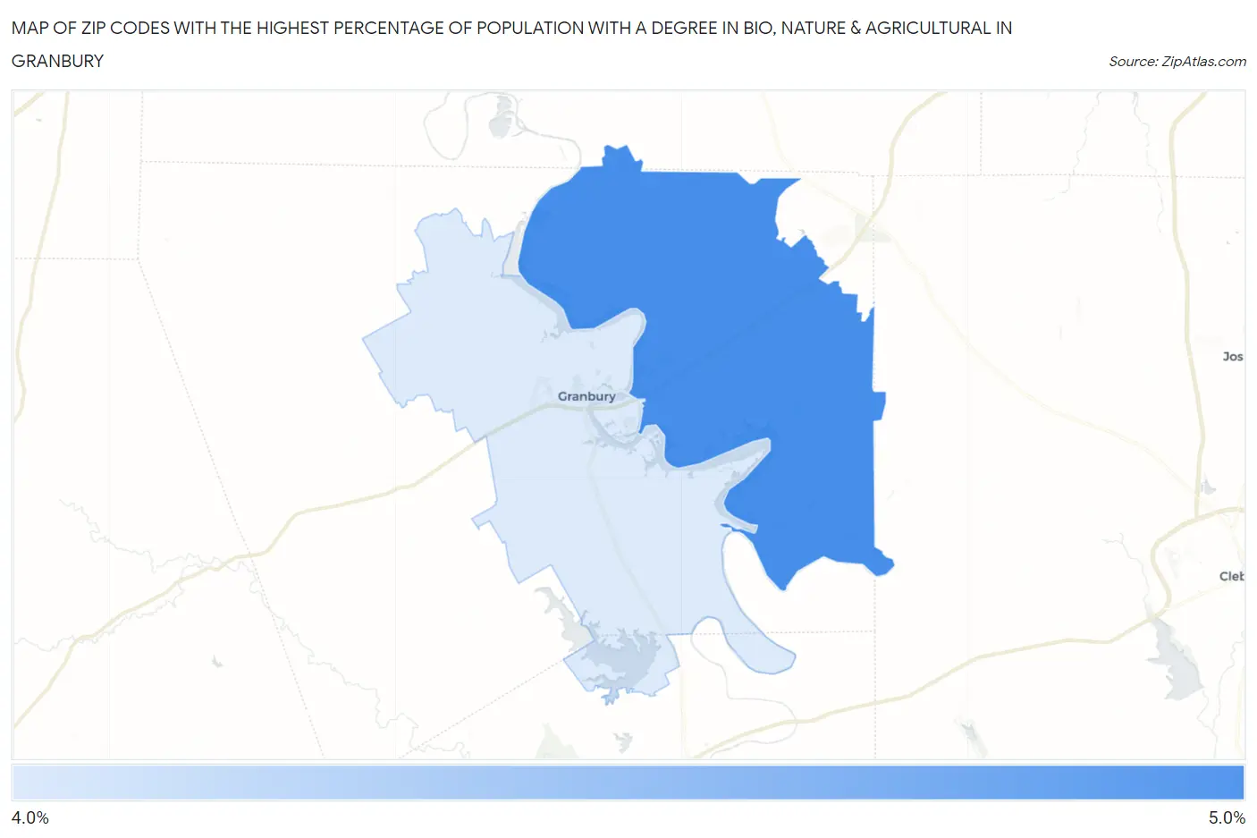 Zip Codes with the Highest Percentage of Population with a Degree in Bio, Nature & Agricultural in Granbury Map