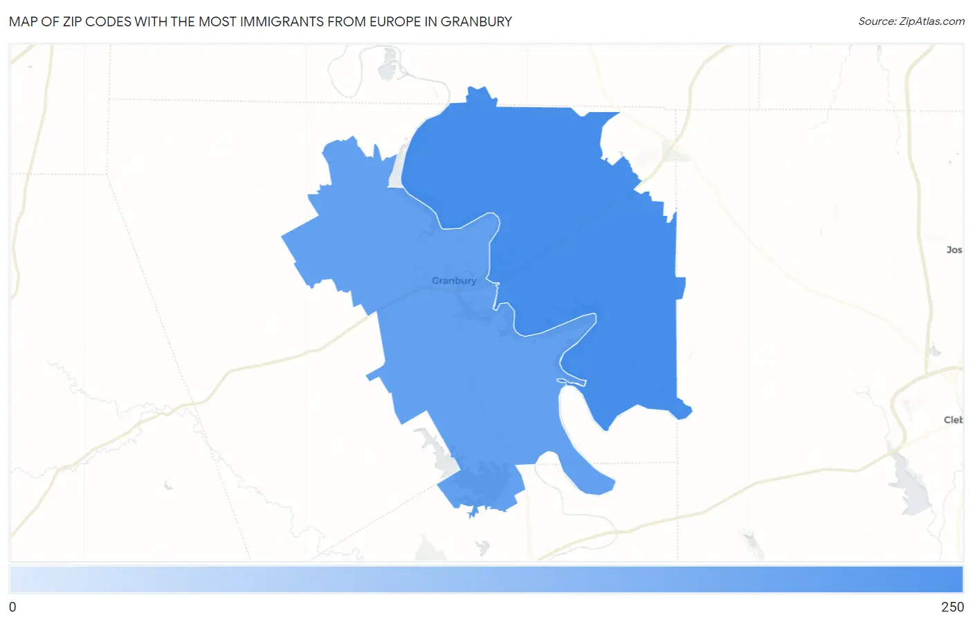 Zip Codes with the Most Immigrants from Europe in Granbury Map