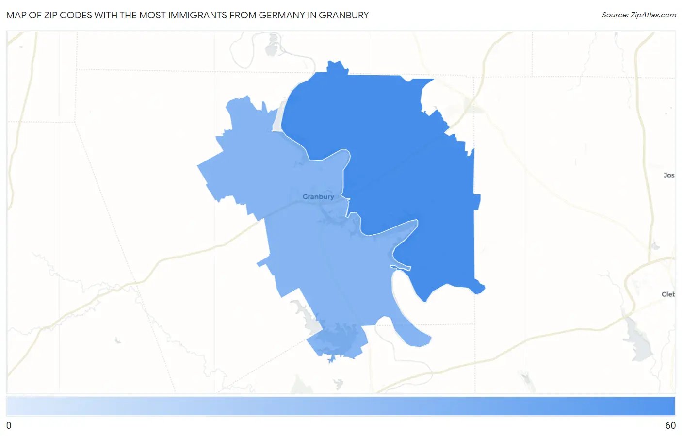 Zip Codes with the Most Immigrants from Germany in Granbury Map