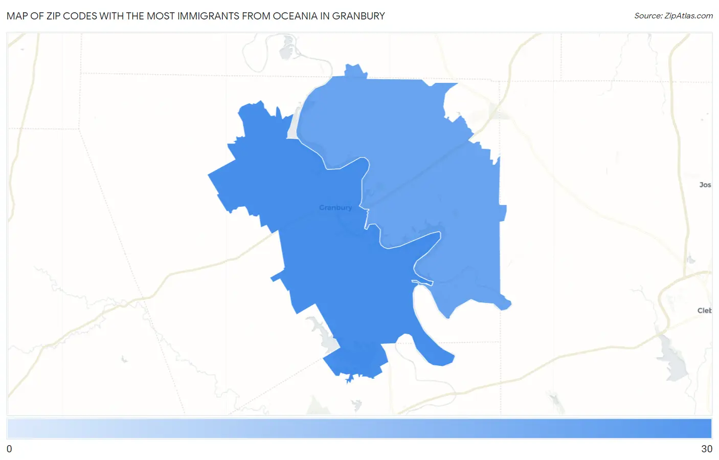 Zip Codes with the Most Immigrants from Oceania in Granbury Map