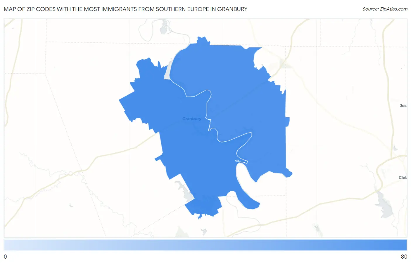 Zip Codes with the Most Immigrants from Southern Europe in Granbury Map