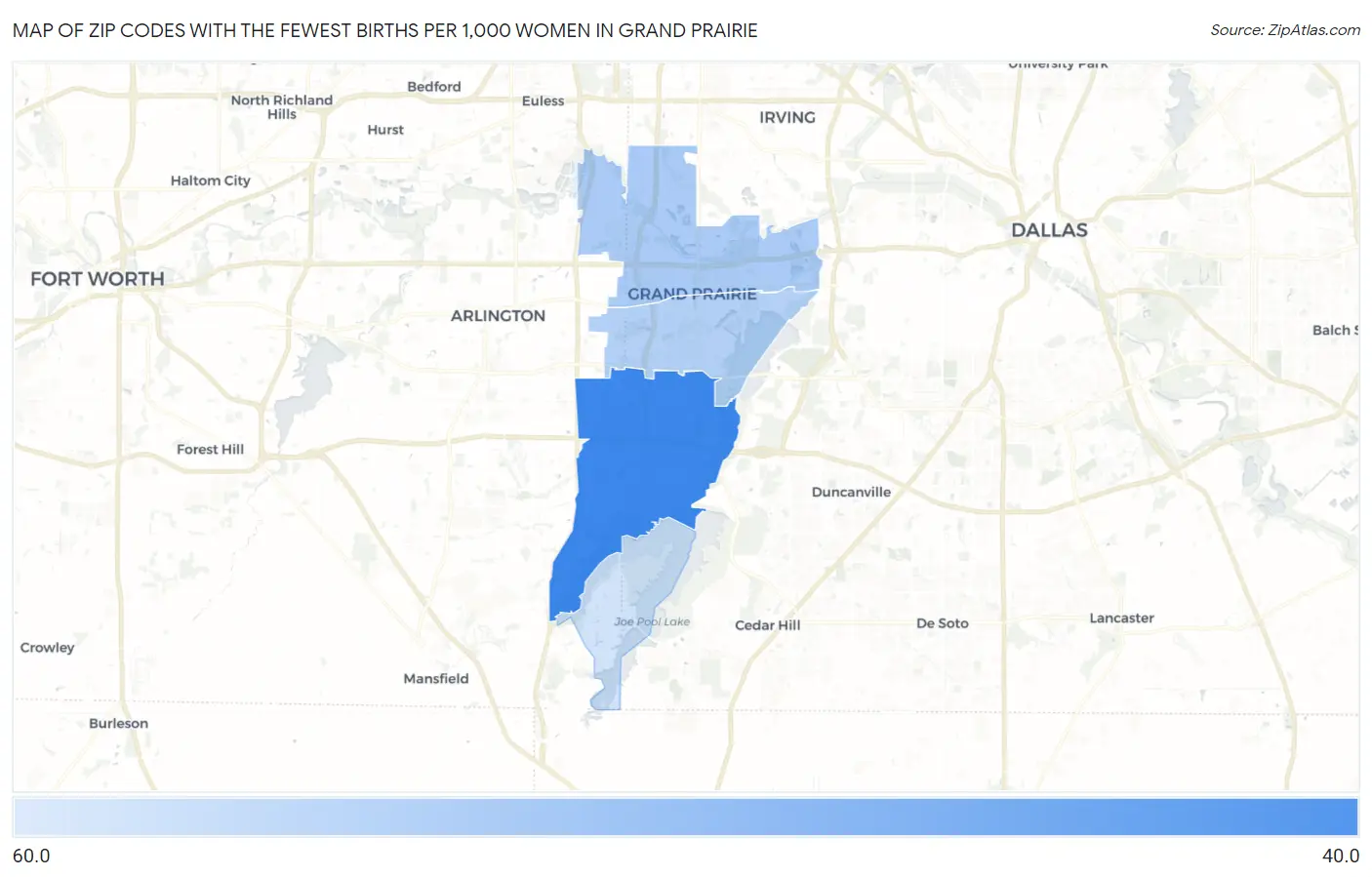 Zip Codes with the Fewest Births per 1,000 Women in Grand Prairie Map