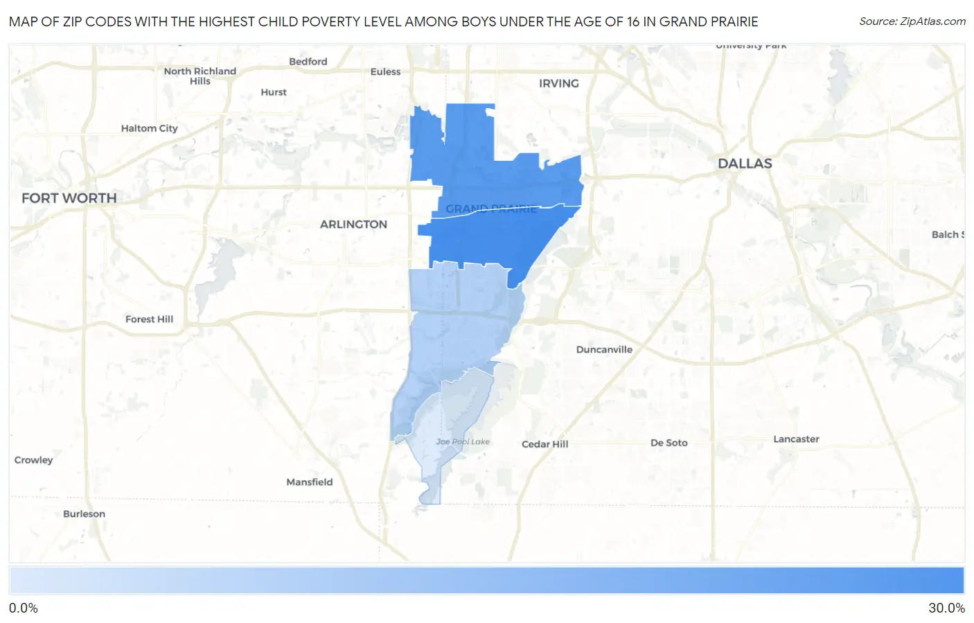 Zip Codes with the Highest Child Poverty Level Among Boys Under the Age of 16 in Grand Prairie Map