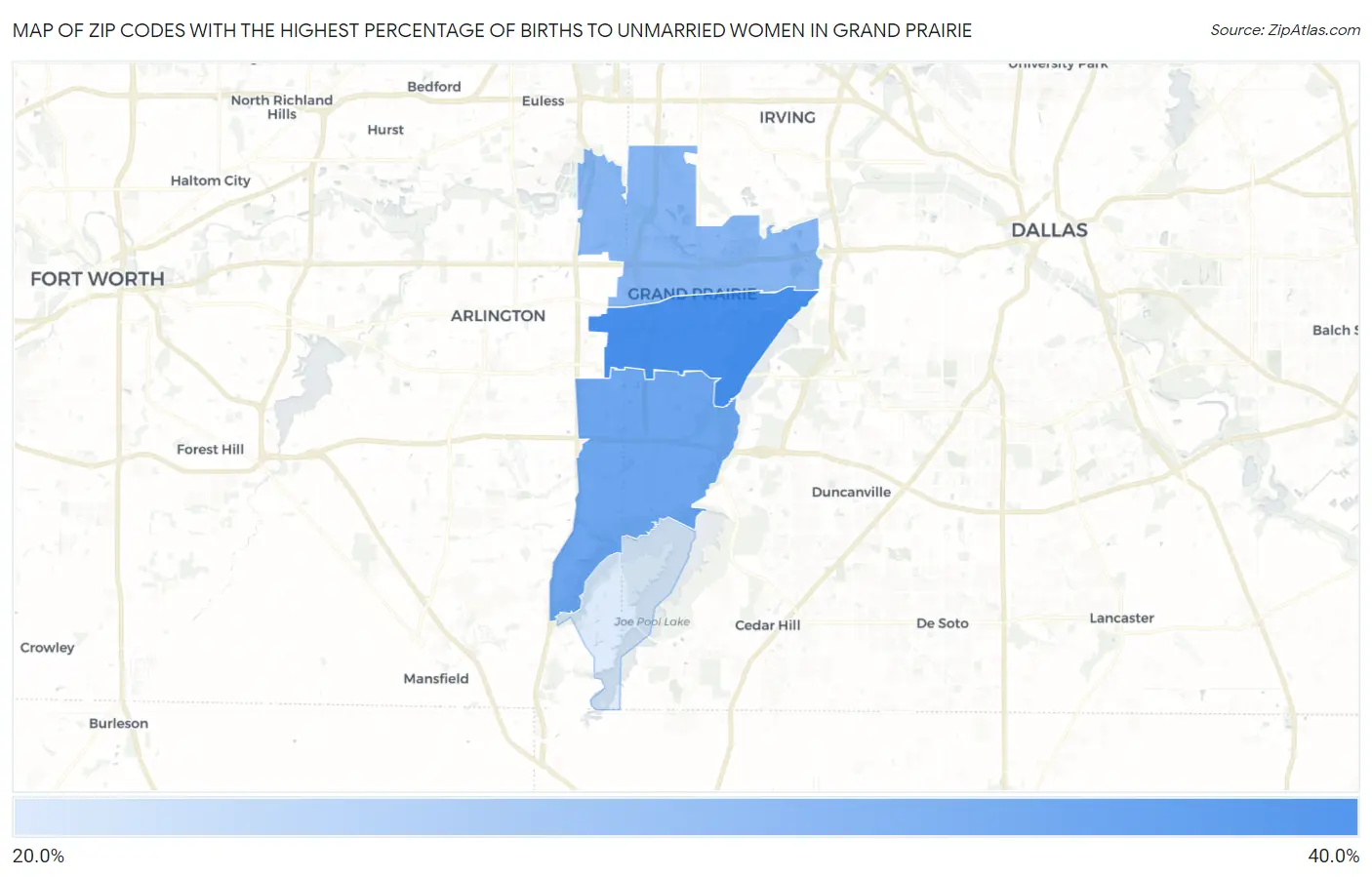Zip Codes with the Highest Percentage of Births to Unmarried Women in Grand Prairie Map