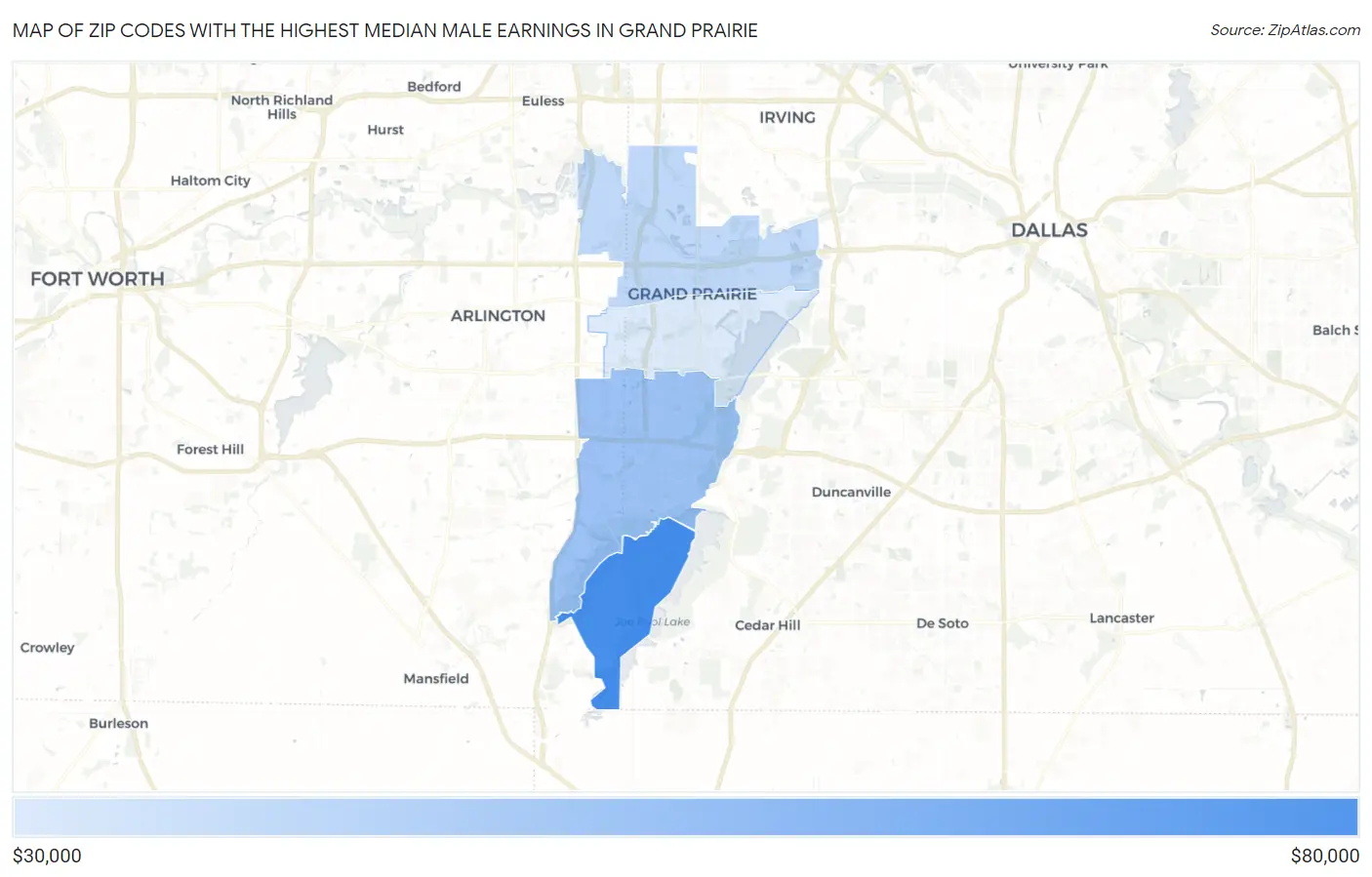 Zip Codes with the Highest Median Male Earnings in Grand Prairie Map