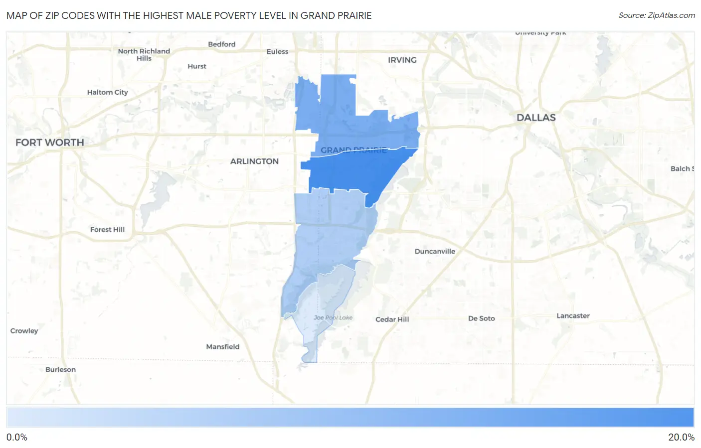 Zip Codes with the Highest Male Poverty Level in Grand Prairie Map