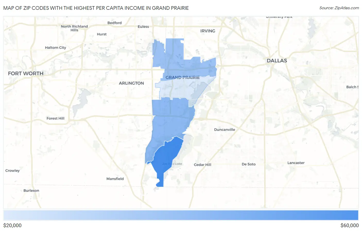 Zip Codes with the Highest Per Capita Income in Grand Prairie Map