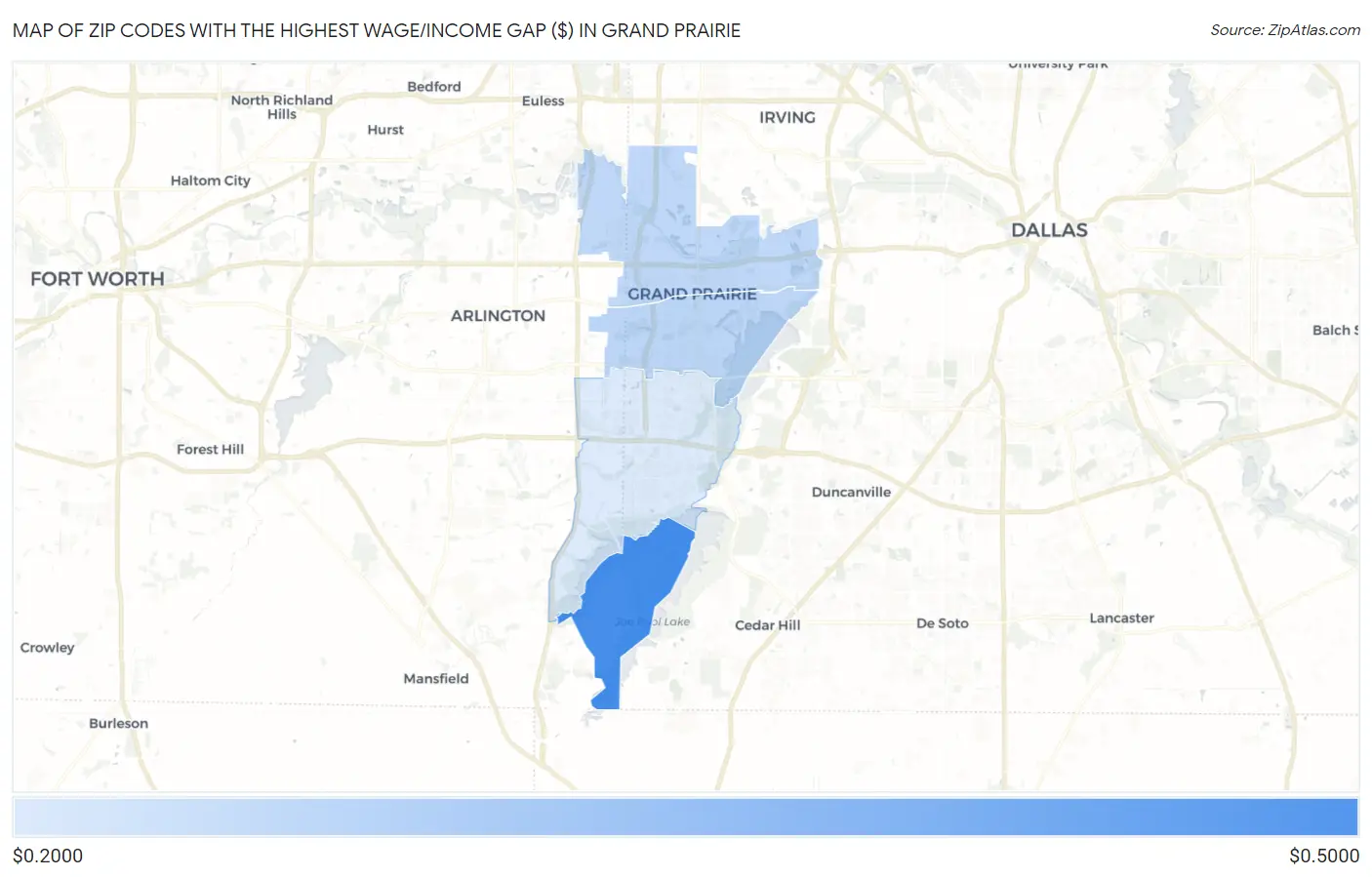 Zip Codes with the Highest Wage/Income Gap ($) in Grand Prairie Map